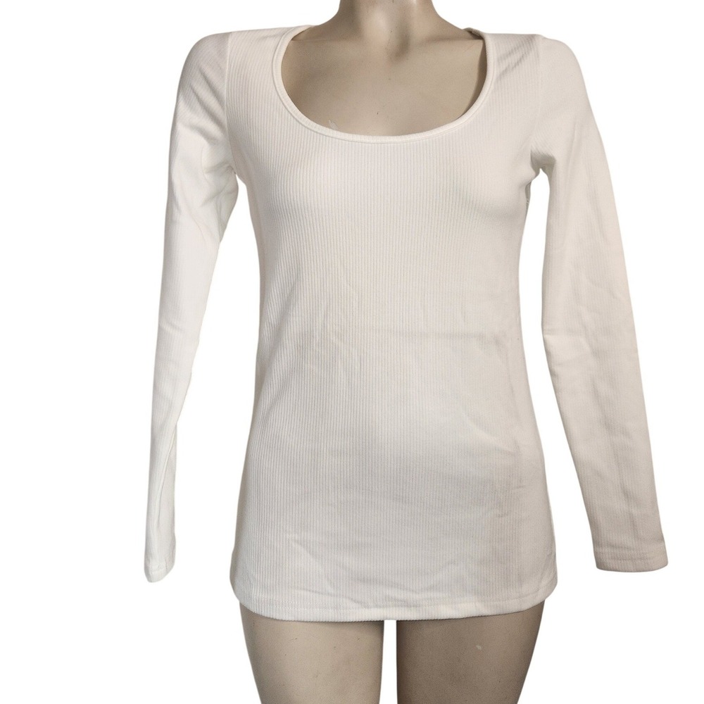 Huukey Womens Ribbed Long Sleeve Scoop Neck Top White Slim Fit Base Layer